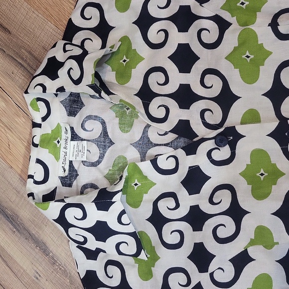 DAVID BROOKS Black Green Beige Linen Artsy V-Neck 3/4 Sleeve Blouse - Picture 3 of 11